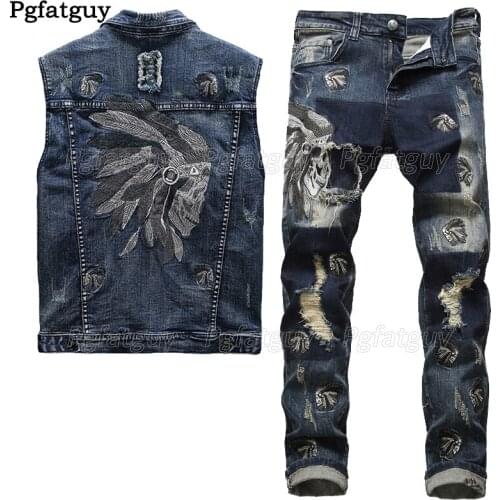 European Style Mens Sets Embroidered Indian Stretch Denim 2 Piece Matching Set Jacket and Hole Jeans Size M-4XL Mens Clothing