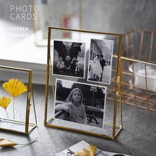 Antique Brass Glass Picture Photo Frame Hanging Freestanding Glass Metal Picture Retro Portrait for Home Decors