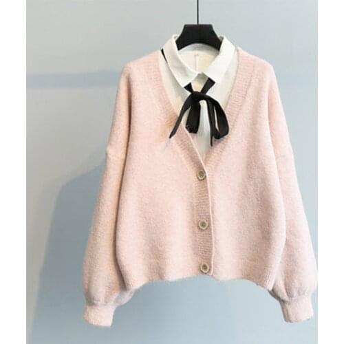 Korean Style Fashion Loose Sweater Casual Solid Color Long-sleeved V-neck Single-breasted Cardigan Sweater Coat Female