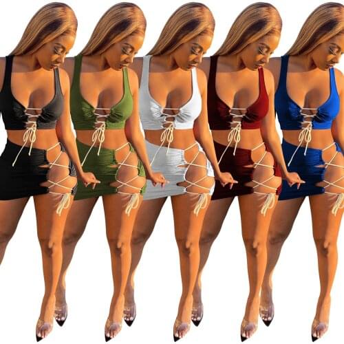 Sexy Wome Skirt Dress Set Cross Bandage Crop Top + Mini Dress Party Night Clubwear Summer Clothes For Women