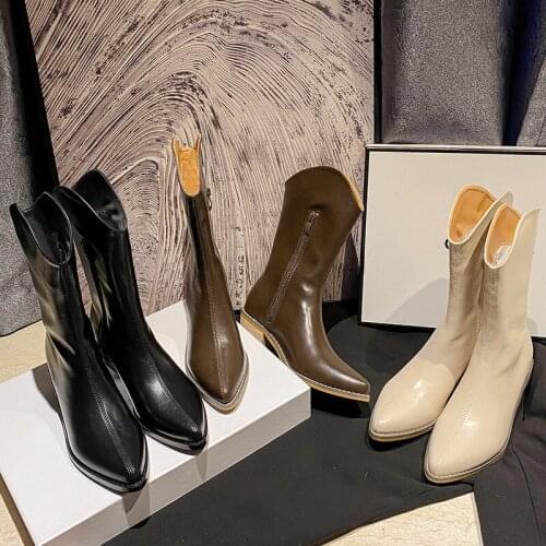 European pointed toe leather boots on pumps women side zipper cowboy mid-calf booties female thick heel winter long bottes 2021