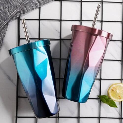 Creative Rhombus Stainless Steel Water Cup With Straw Double Layer Vacuum Gradient Color Thermo Cup Travel Coffee Mug With Lid