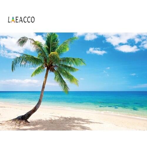 Laeacco Blue Sky White Clouds Sea Beach Palms Tree Photography Backgrounds Summer Holiday Photo Backdrops Portrait Photophone