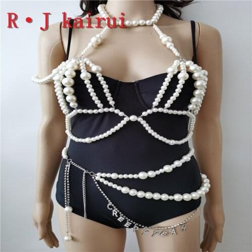 New RJPE23 Asymmetrical Imitation Pearls Neck Bra Body Jewelry Unique Rhinestone Numbers Belly Chains Top Pearls Costume Jewelry