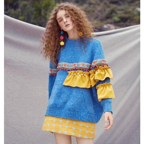 New Winter Autumn Sweater Women Pullovers O-neck Lady Sweater Long Ruffles Sleeve Sweet Fashion Girls Twist Ruffles ugly sweater