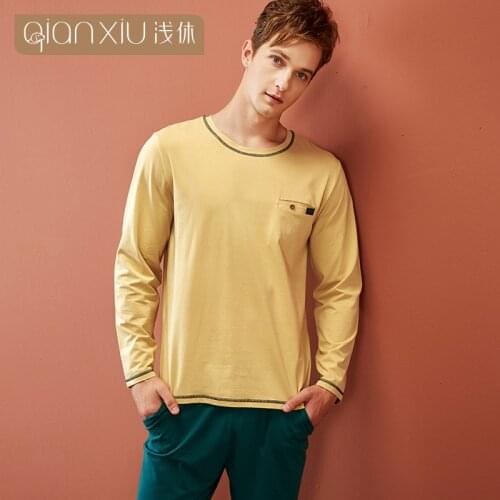 Autumn Mens Pajamas Sets Cotton/bamboo fiber Long Sleeve Pure man Sleepwear O-Neck Loose Leisure male Homewear Nightwear M-XXL