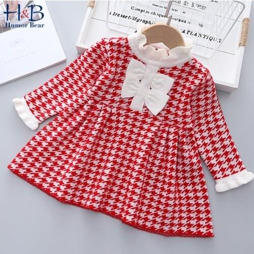 Humor Bear Girls Sweater Dress NEW Spring Autumn Long Sleeve Plaid Printed Princess Warm Knitted Dress Toddler Kids Clothes 2