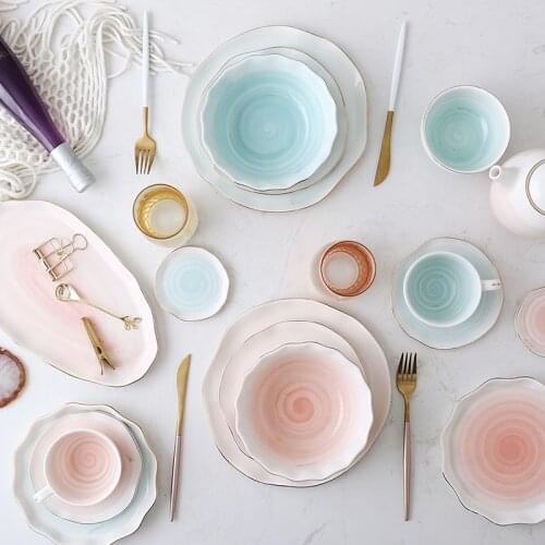 Pink And Blue Gold Ceramic Tableware Porcelain Plate Coffee Mug Cup Bowl Teapot Dish Table Elegant Party Decoration Dinner set