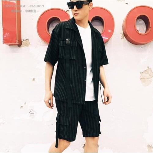 Shirt men singer personality Striped tool pocket shirts set Retro stripes short sleeve shirt men stage homme street b676