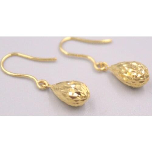 Pure 18K Yellow Gold Earrings Women Lucky Gift Carved Drop Dangle Earrings / 1.3g