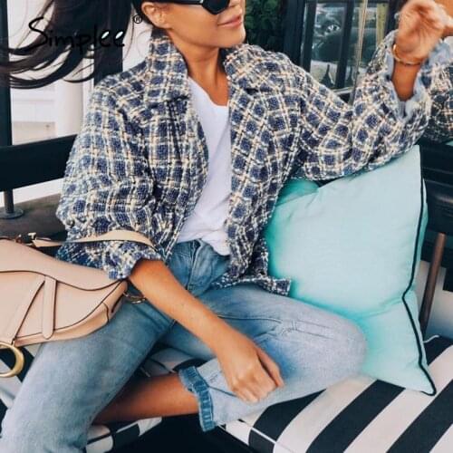 Simplee Elegant women plaid tweed jacket coat Lantern sleeve streetwear female outwear coat Elastic high waist ladies coat