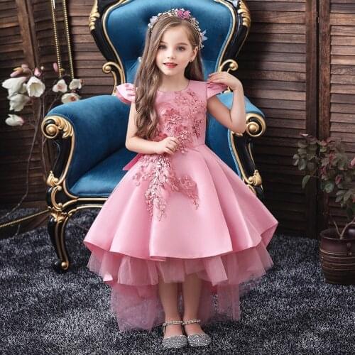 Western Style Tailed Girl Wedding Dress Elegant Crew Neck Baby Girls Dress Design Kid Beaded Dresses For Girls Of 10 Year Old