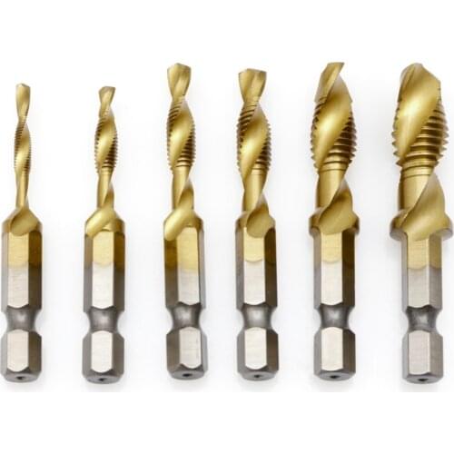 6 Pcs M3-M10 Hex Shank Titanium Plated HSS Hand Screw Thread Metric Plug Tap Drill Bits