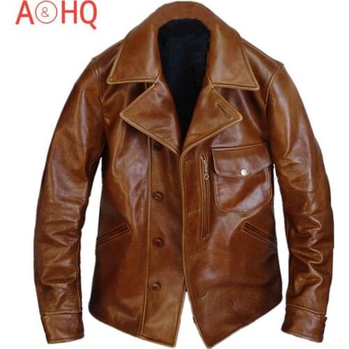 High Quality Vintage Brown Real Leather Jacket Men Spring 100% Cowhide Coat Vintage Plus Size Chaqueta Cuero Hombre 2021