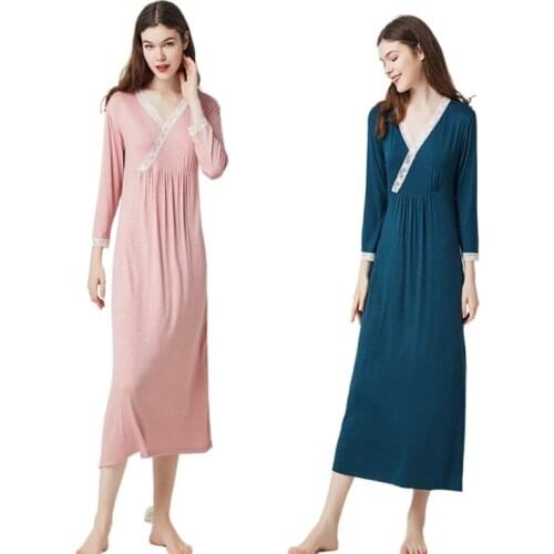 Spring Ladies Modal Sexy Sleepwear Lace Slim Elegant Long Sleeping Dress Women V-Neck Princess Nightgown Plus Size Sleepshirts