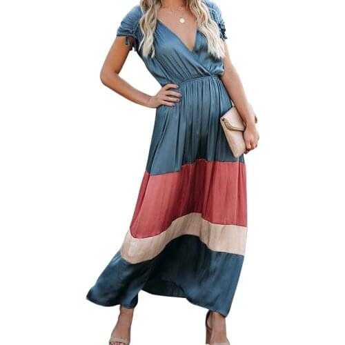 BAMBOOBOY Elegant New Deep V-neck Short Sleeve Contrast Color Patchwork Holiday Tunic Casual A Line Woman Dress FC831