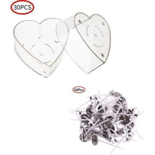 30Pcs Transparent Tealight Cups Square Round Heart Tealight Cup Tea Light Holder Candle Mold with 50Pcs Natural Cotton Wick