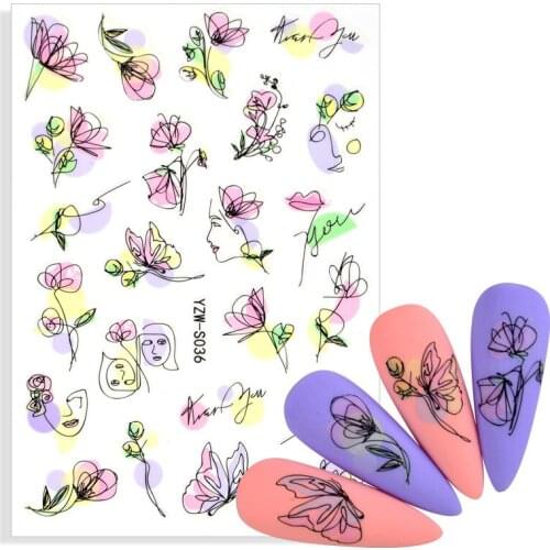 1Pcs 3D Nails Sticker Abstract Lady Face Nail Art Stickers Nail Decals Black Leaf Flower Sliders Paper DIY Nail Art Decoration