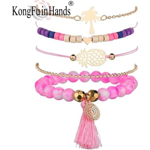 5 Piece Set / Bohemian Lady Pink Charm Palm Tree Small Pineapple Fringed Beads Bracelet Fashion Friendship Gift Accessories