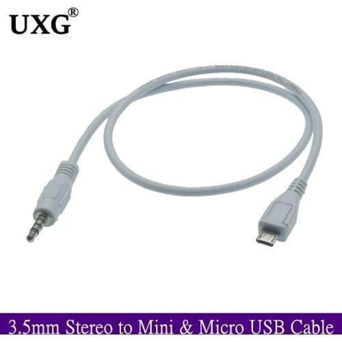 White 3.5mm Stereo Male to Micro & MINI USB 5Pin Male audio Adapter Convertor connector Cable 0.5M 50cm for MP3 MP4 headset