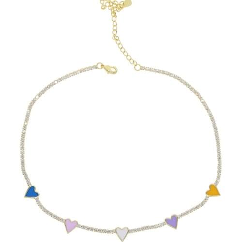 White pink orange enamel romantic heart pendant necklace Gold filled girlfriend lover gift lovely tennis cz heart choker jewelry