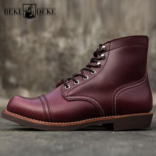 High Quality Vintage Mens Genuine Leather Motorcycle Boots Fashion Lace Up Round Toe Winter Warm Male Ankle Boots Cargo Shoes