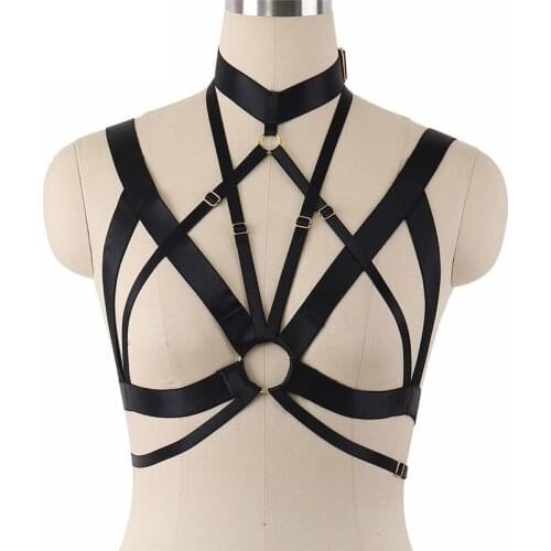 Harajuku Body Cage Bra Sexy Black Harness Elastic Garters Belt Fetish Bondage Lingerie Womens Fashion Crop Top Bodysuit O0258