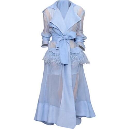 2021 Summer Autumn Elegant Vintage Long Sleeve Feathers Organza Madi calf turn down collar belted Dress