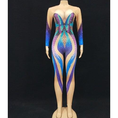 Fashion Butterfly Printing Rhinestones Long Sleeve Jumpsuit Sexy Nightclub DJ Singer Party Show Stage Outfit Sexy Dance Costume