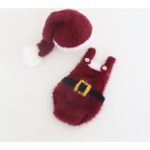 Newborn Christmas Outfit Baby Handmade Romper Santa Bonnet Set Photography Props Newborn Fluffy Overall Photo Prop