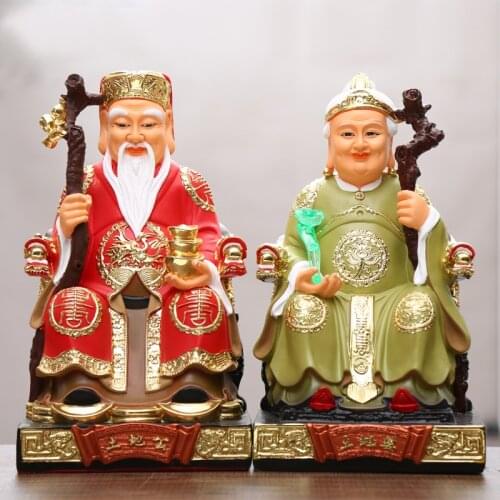 A pair Asia Temple Worship HOME Gods efficacious bring wealth good luck " TUDI GONG PU FU DE ZHENGSHEN " buddha gilding statue