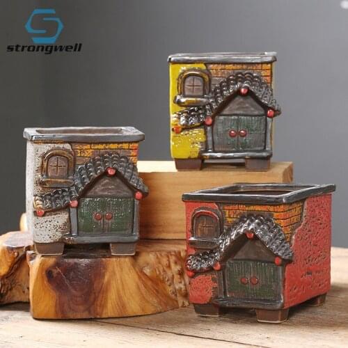 Strongwell Fairy Garden Pot Creative Painted House Succulent Ceramic Flowerpot Outdoor Balcony Planter Home Decor Plants Potted