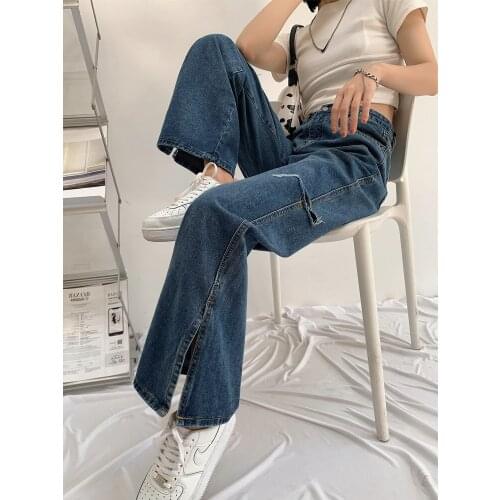 High Waist Wide Leg Pants Loose Holes Blue Jeans Women Split Denim Pants Summer Y2K Trousers Pockets Vintage P030