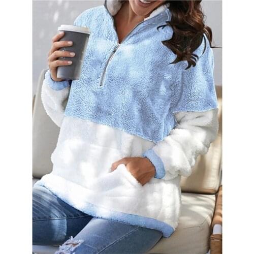 Womens Pullovers Casual Winter Fur Coat Women Clothes Zipper Patchwork Sweatshirt Female Pullover Warm Loose Pockets Jacket