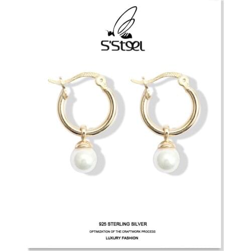 SSTEEL 925 Sterling Silver Hoop Earrings For Women Luxury Accessories Shell Pearl Earring Gold Earings Pendientes Plata Jewelry