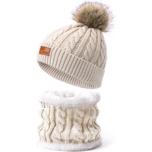 Winter Hat Baby Hat Scarf 2 Pieces Set Winter Faux Fur Pompon Hat Scarf for Girls Boys Beanies Scarves Set Kids Gift Accessories