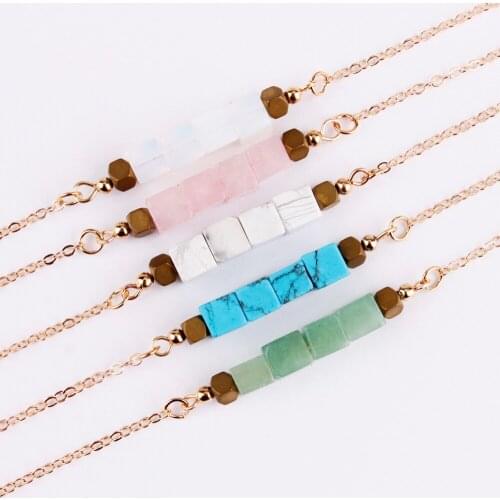 5 Colors Creatively Boho Minimalist Stone Real Natural Cube Stone Pendant Bar Necklaces Birthstone Jewelry for Women Gift