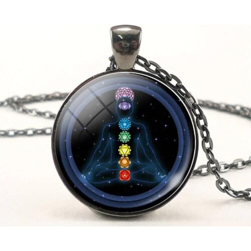 7 Chakra Pattern Retro Black Chain Pendant Necklace Om Yoga Symbol Lucky Charm Indian Jewelry for Women