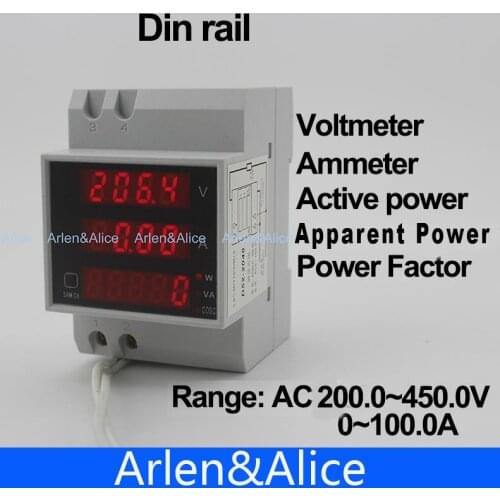 Din rail LED range AC 200.0-450.0V 0-100.0A display voltmeter ammeter with active and Apparent power and power factor Din-rail