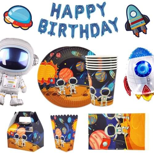 For Kids Astronaut Spaceship Solar Space Party Supplies Tableware Banner Plate Cup Straw Tablecloth Cupcake Wrapper Topper etc