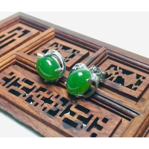 Natural Hetian Jade Jasper Emerald Apple Shaped Earrings Inlaid Zircon