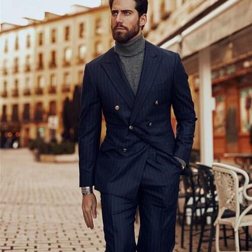 Handsome Formal Business Office Work Wear 2 Pieces Set Wedding Groomsmen Blazer&Pants Blue Stripe Mens Sutis Peaked Lape Jacket