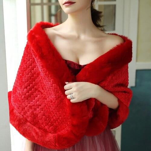 Red Women Winter Warm Wedding Bridal Wrap Faux Fur Elegant Embossed Prom Stole for Lady Bridesmaid Thermal Formal Party Shawl