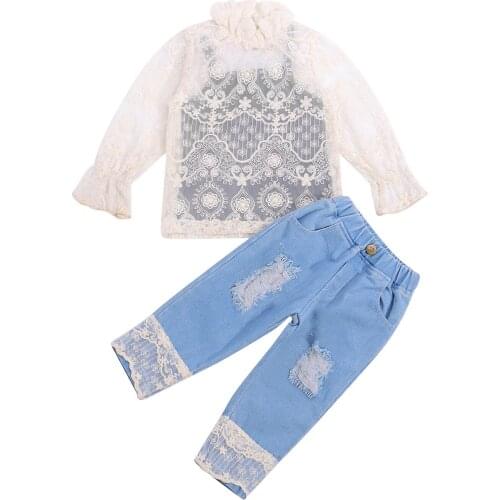 0-3Y Fashion Baby Girl Kids Clothes Autumn Sets 3Pcs Black Camisole+Beige Turtleneck Lace Blouse+Holes Ripped Jeans Trousers