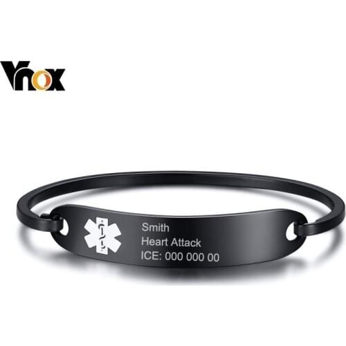 VNOX Stainless Steel Medical Alert ID Tag Identification Bangle Bracelets for Women Man Free Custom Engraving ICE Info