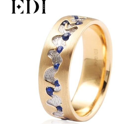 EDI Blue Danube Mens Wedding Band Real 14K Yellow and White Gold Brushed Face On Metal Natural Sapphire Channel Setting Ring