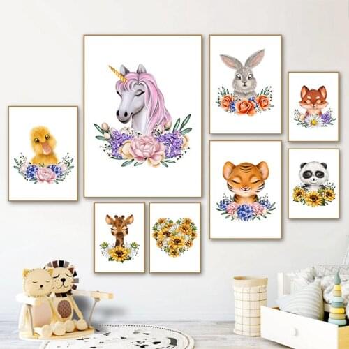 Unicorn Rabbit Tiger Fox Deer Panda Quail Wall Art Poster and Print Heart Flower Shoes Canvas Painting Abstract Baby Room Decor