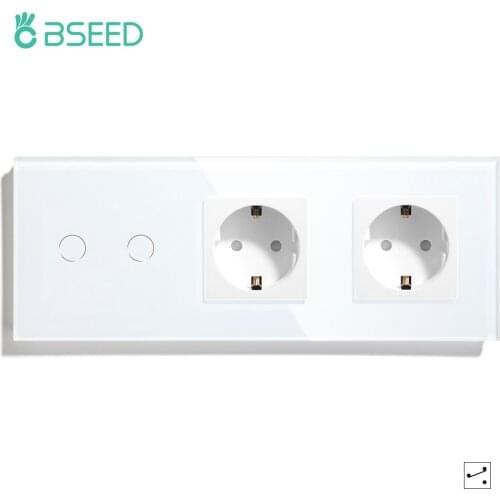 BSEED Wall Light Switch 1/2/3Gang 2Way Sensor Switches On Off With Double Glass Power Sockets EU Standard Soft Blue Backlight