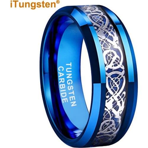 8MM Blue Wedding Band Tungsten Carbide Ring For Men Women With Blue Carbon Fiber Steel Dragon Inlay Comfort Fit