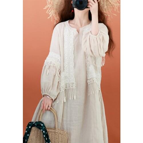 Original autumn French fairy ins super fire loose large size lantern sleeves lace cotton and linen dress